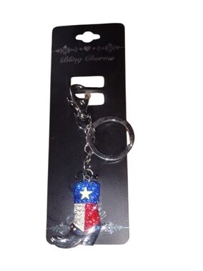 Bling Charms Rhinestone Texas Flag Cowboy Boot Keychain - Red, Blue, Silver